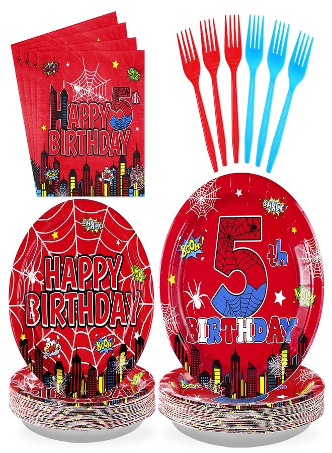Grencian 96Pcs Cartoon Spider Birthday Party Decorations Red Blue Spider 5th Birthday Party Plates Disposable Super Theme Paper Tableware Set for Spider Kids 5 Year Old Supplies, Serves 24 - Image 1